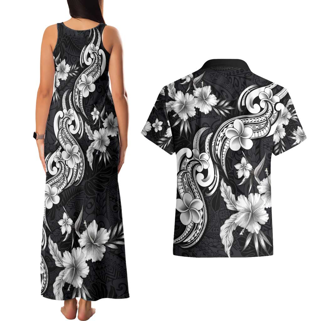 Hawaiian-Polynesian Art Tattoo Couples Matching Tank Maxi Dress and Hawaiian Shirt Hibiscus and Plumeria Grayscale LT03 - Polynesian Pride