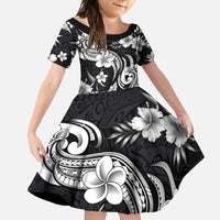 Hawaiian-Polynesian Art Tattoo Family Matching Long Sleeve Bodycon Dress and Hawaiian Shirt Hibiscus and Plumeria Grayscale LT03 Daughter's Dress Black - Polynesian Pride