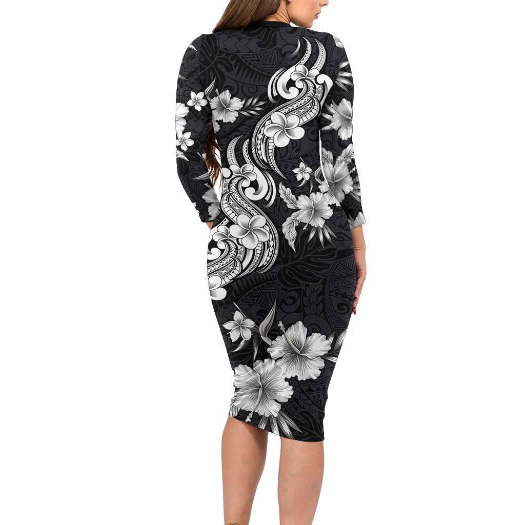 Hawaiian-Polynesian Art Tattoo Family Matching Long Sleeve Bodycon Dress and Hawaiian Shirt Hibiscus and Plumeria Grayscale LT03 - Polynesian Pride