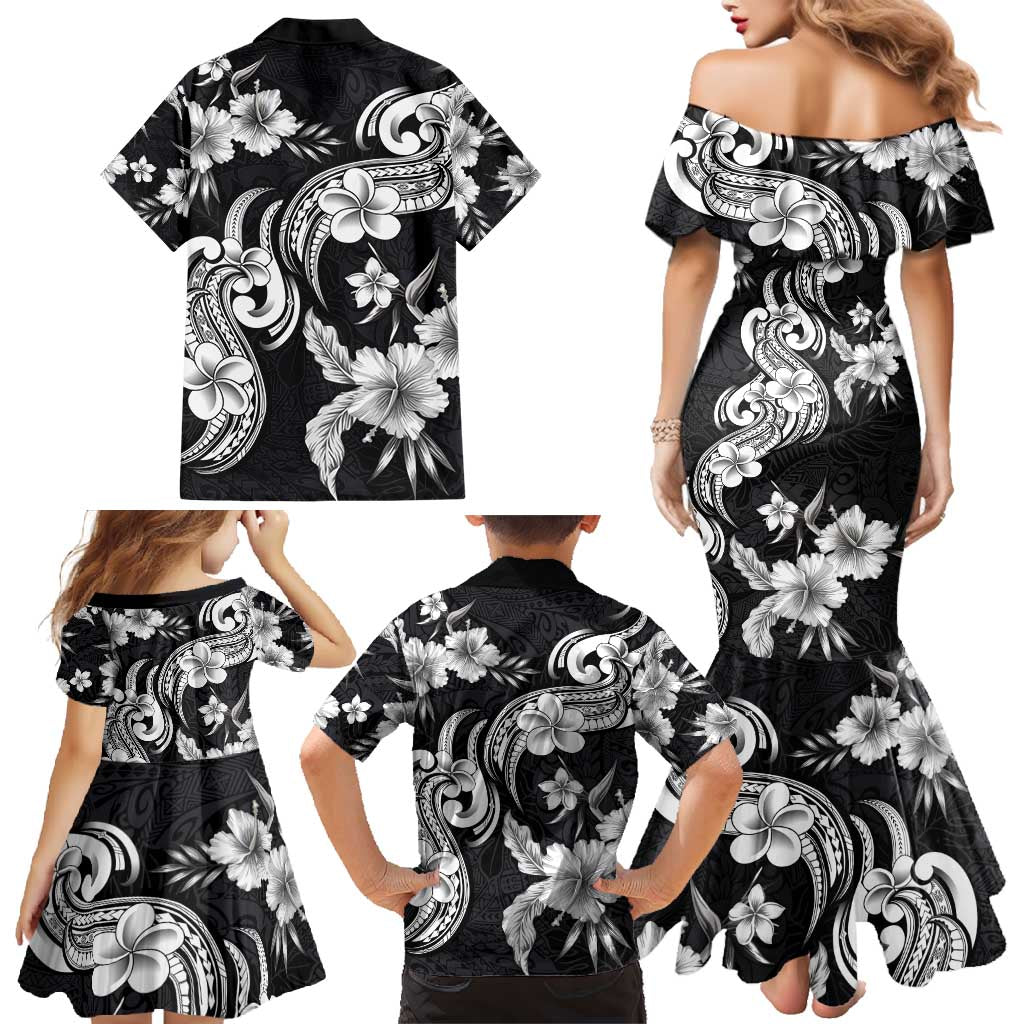 Hawaiian-Polynesian Art Tattoo Family Matching Mermaid Dress and Hawaiian Shirt Hibiscus and Plumeria Grayscale LT03 - Polynesian Pride