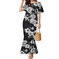 Hawaiian-Polynesian Art Tattoo Family Matching Mermaid Dress and Hawaiian Shirt Hibiscus and Plumeria Grayscale LT03 Mom's Dress Black - Polynesian Pride