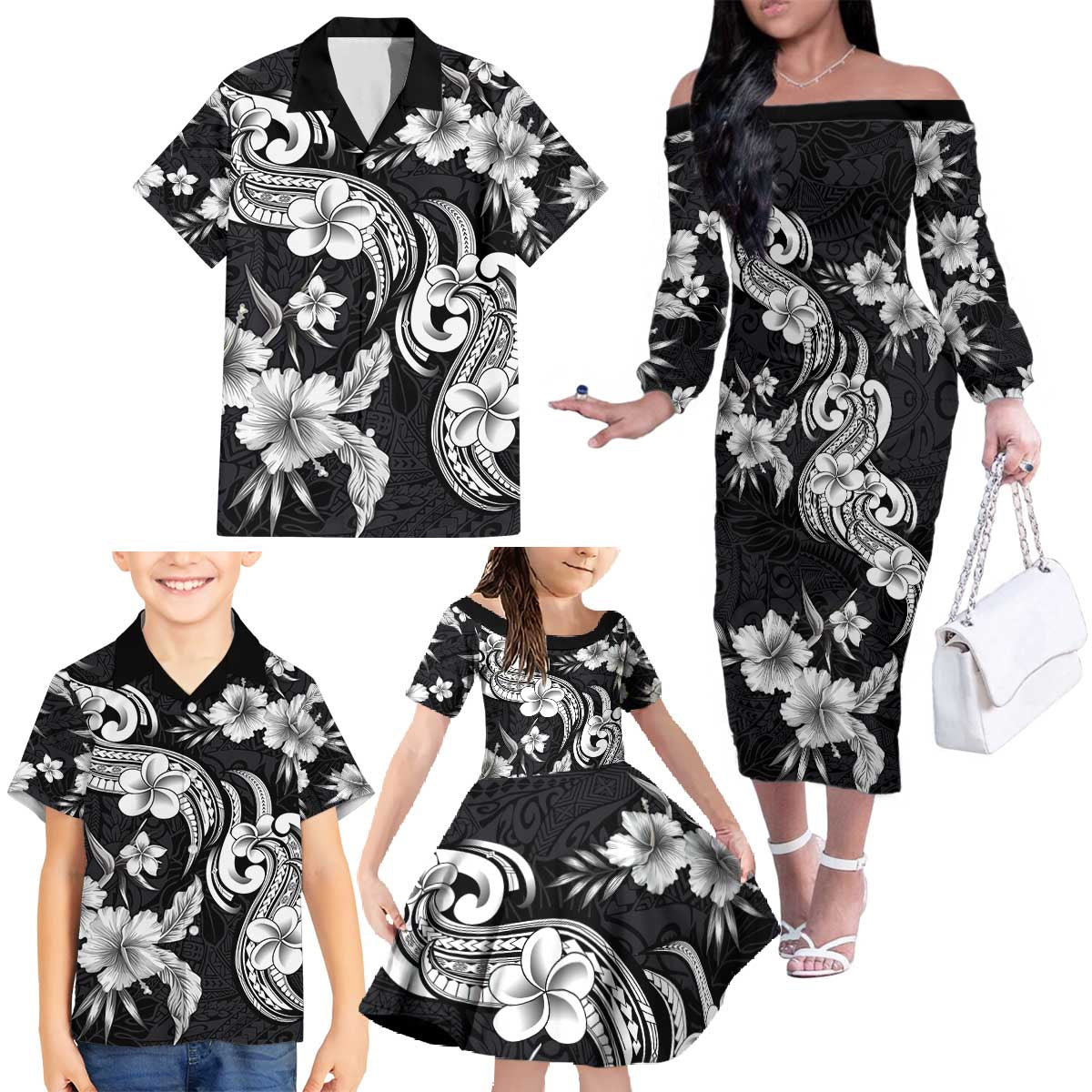 Hawaiian-Polynesian Art Tattoo Family Matching Off The Shoulder Long Sleeve Dress and Hawaiian Shirt Hibiscus and Plumeria Grayscale LT03 - Polynesian Pride