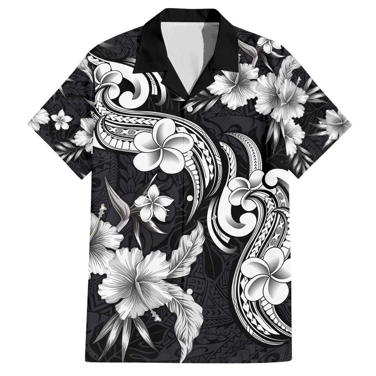 Hawaiian-Polynesian Art Tattoo Family Matching Off The Shoulder Long Sleeve Dress and Hawaiian Shirt Hibiscus and Plumeria Grayscale LT03 Dad's Shirt - Short Sleeve Black - Polynesian Pride