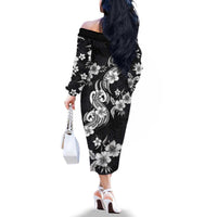 Hawaiian-Polynesian Art Tattoo Family Matching Off The Shoulder Long Sleeve Dress and Hawaiian Shirt Hibiscus and Plumeria Grayscale LT03 - Polynesian Pride