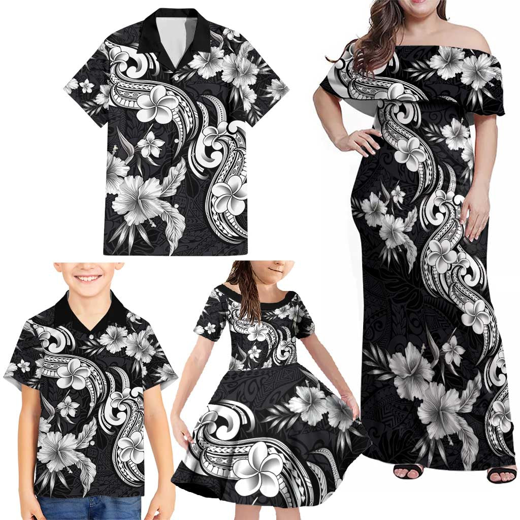 Hawaiian-Polynesian Art Tattoo Family Matching Off Shoulder Maxi Dress and Hawaiian Shirt Hibiscus and Plumeria Grayscale LT03 - Polynesian Pride