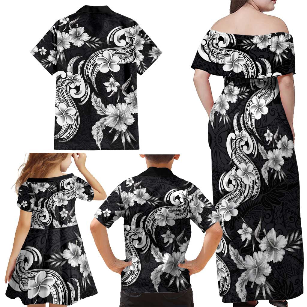Hawaiian-Polynesian Art Tattoo Family Matching Off Shoulder Maxi Dress and Hawaiian Shirt Hibiscus and Plumeria Grayscale LT03 - Polynesian Pride