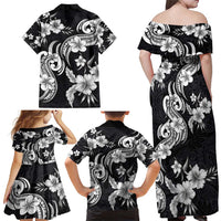 Hawaiian-Polynesian Art Tattoo Family Matching Off Shoulder Maxi Dress and Hawaiian Shirt Hibiscus and Plumeria Grayscale LT03 - Polynesian Pride