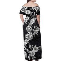 Hawaiian-Polynesian Art Tattoo Family Matching Off Shoulder Maxi Dress and Hawaiian Shirt Hibiscus and Plumeria Grayscale LT03 - Polynesian Pride