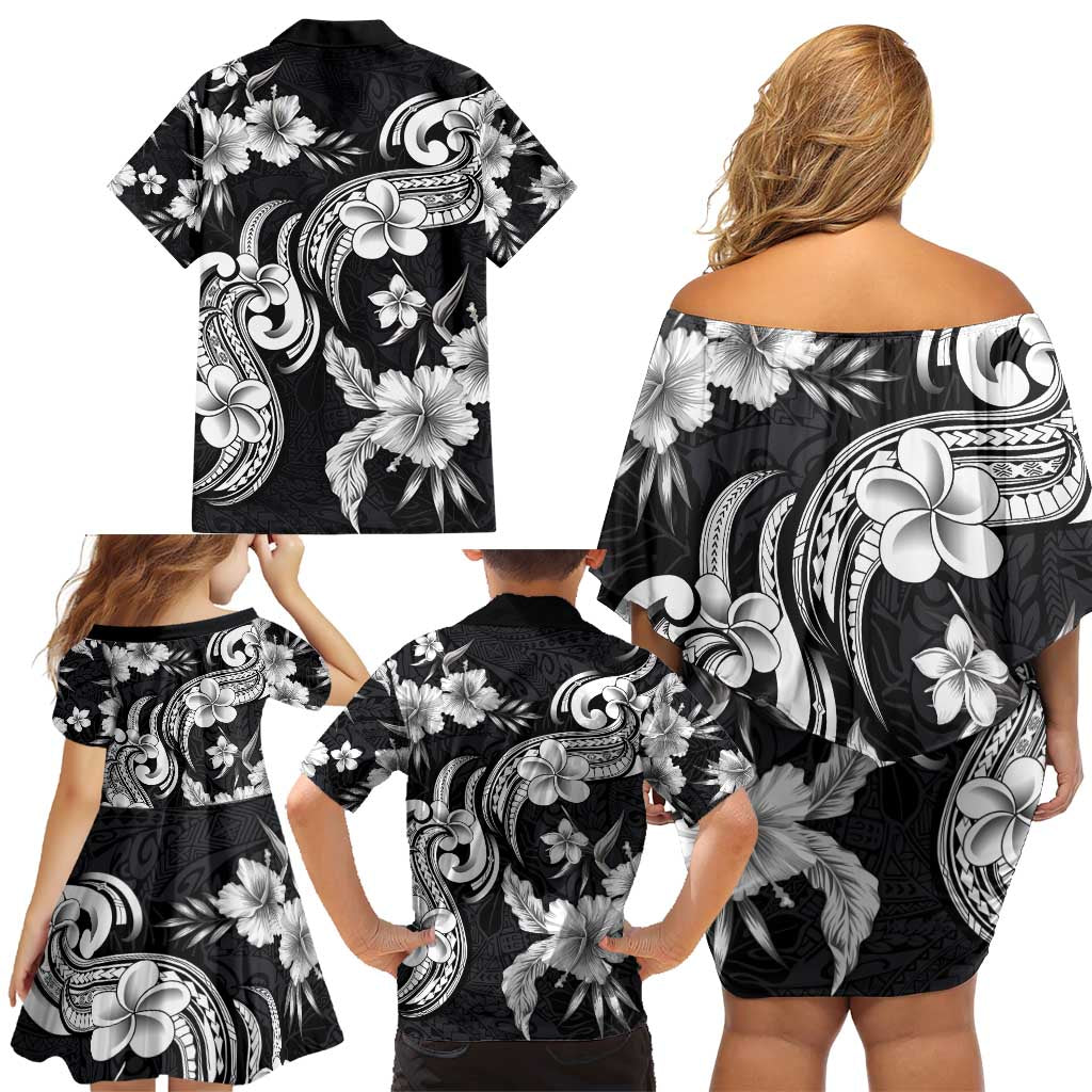 Hawaiian-Polynesian Art Tattoo Family Matching Off Shoulder Short Dress and Hawaiian Shirt Hibiscus and Plumeria Grayscale LT03 - Polynesian Pride