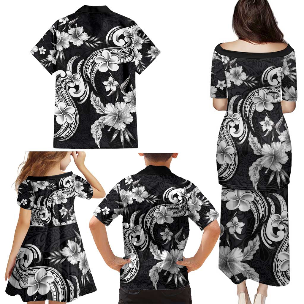 Hawaiian-Polynesian Art Tattoo Family Matching Puletasi and Hawaiian Shirt Hibiscus and Plumeria Grayscale LT03 - Polynesian Pride