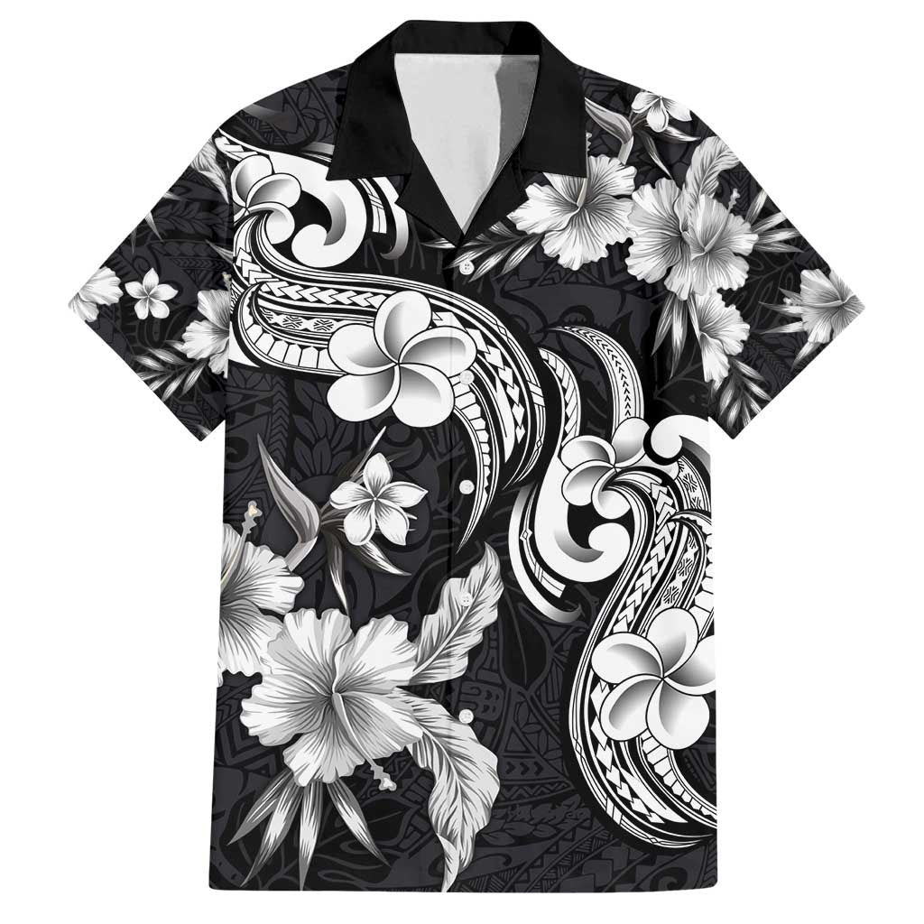 Hawaiian-Polynesian Art Tattoo Family Matching Puletasi and Hawaiian Shirt Hibiscus and Plumeria Grayscale LT03 Dad's Shirt - Short Sleeve Black - Polynesian Pride