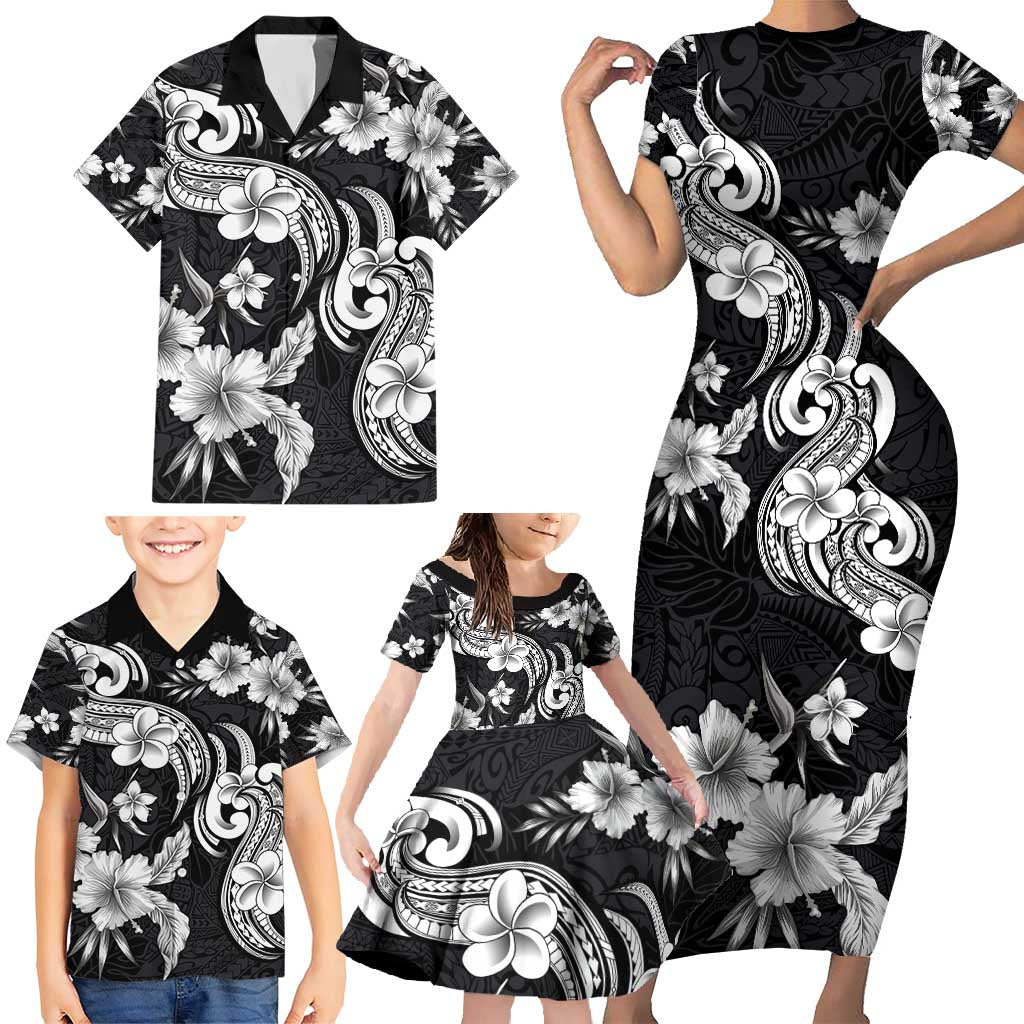 Hawaiian-Polynesian Art Tattoo Family Matching Short Sleeve Bodycon Dress and Hawaiian Shirt Hibiscus and Plumeria Grayscale LT03 - Polynesian Pride