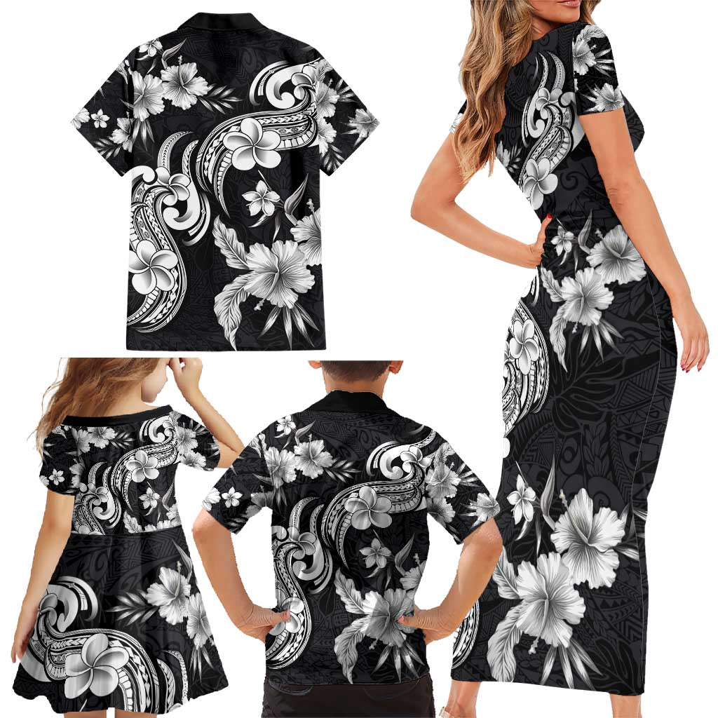 Hawaiian-Polynesian Art Tattoo Family Matching Short Sleeve Bodycon Dress and Hawaiian Shirt Hibiscus and Plumeria Grayscale LT03 - Polynesian Pride