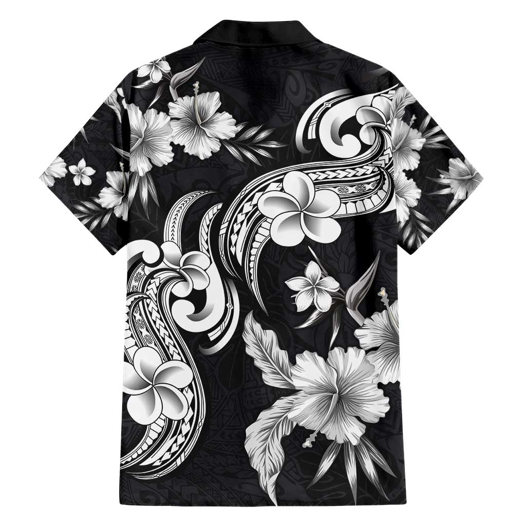 Hawaiian-Polynesian Art Tattoo Family Matching Short Sleeve Bodycon Dress and Hawaiian Shirt Hibiscus and Plumeria Grayscale LT03 - Polynesian Pride