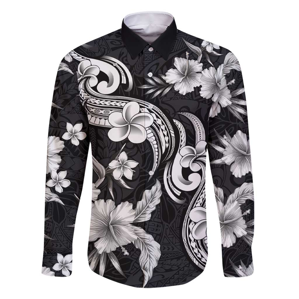 Hawaiian-Polynesian Art Tattoo Family Matching Short Sleeve Bodycon Dress and Hawaiian Shirt Hibiscus and Plumeria Grayscale LT03 Dad's Shirt - Long Sleeve Black - Polynesian Pride