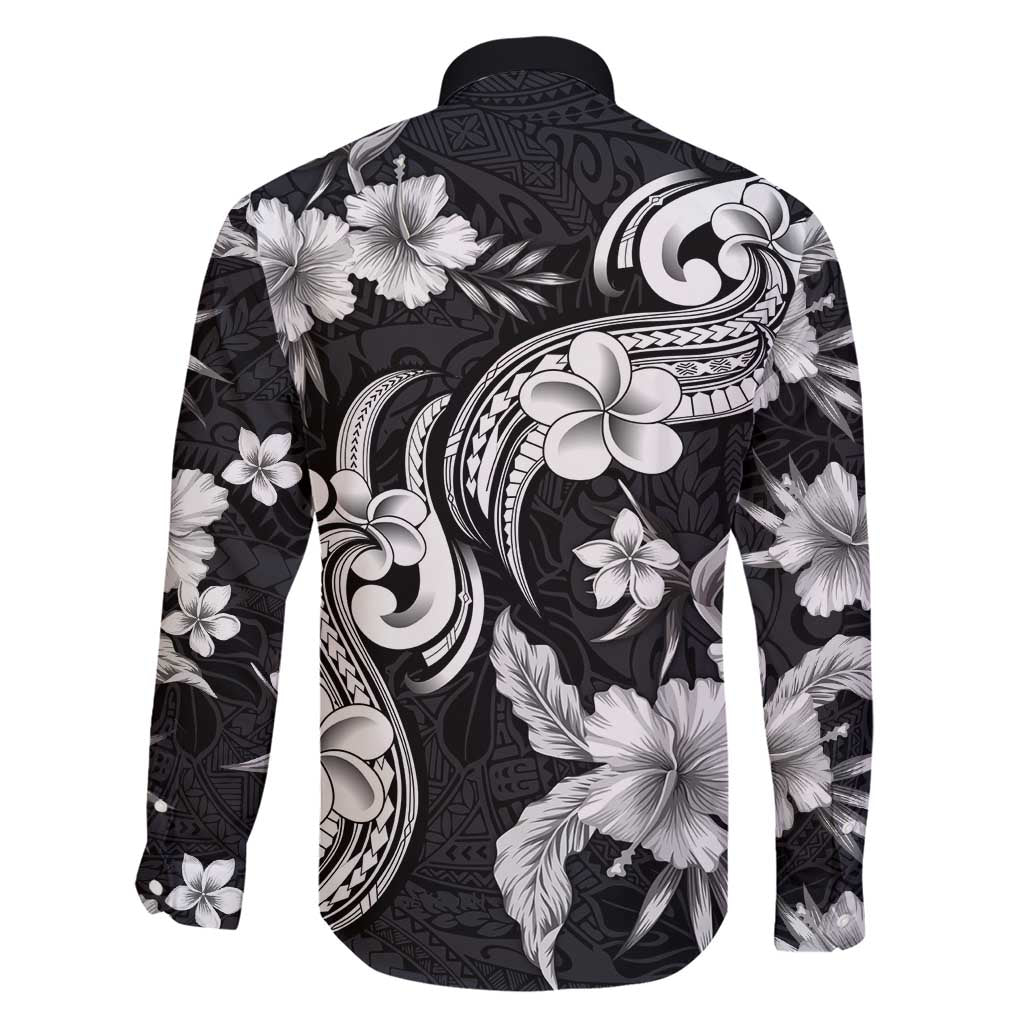 Hawaiian-Polynesian Art Tattoo Family Matching Short Sleeve Bodycon Dress and Hawaiian Shirt Hibiscus and Plumeria Grayscale LT03 - Polynesian Pride