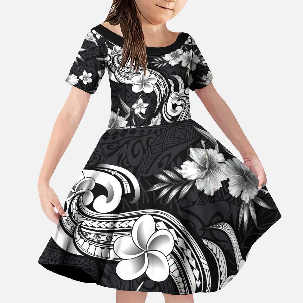 Hawaiian-Polynesian Art Tattoo Family Matching Summer Maxi Dress and Hawaiian Shirt Hibiscus and Plumeria Grayscale LT03 Daughter's Dress Black - Polynesian Pride