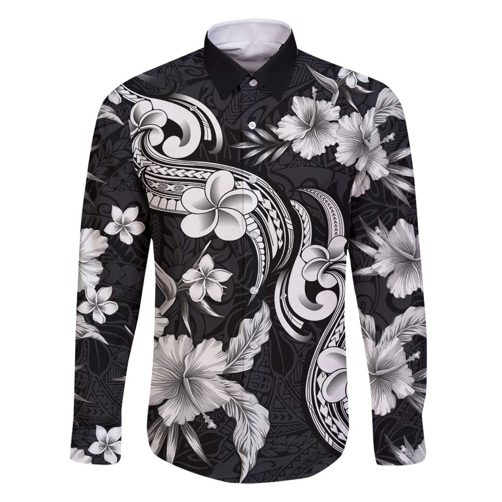 Hawaiian-Polynesian Art Tattoo Family Matching Summer Maxi Dress and Hawaiian Shirt Hibiscus and Plumeria Grayscale LT03 Dad's Shirt - Long Sleeve Black - Polynesian Pride