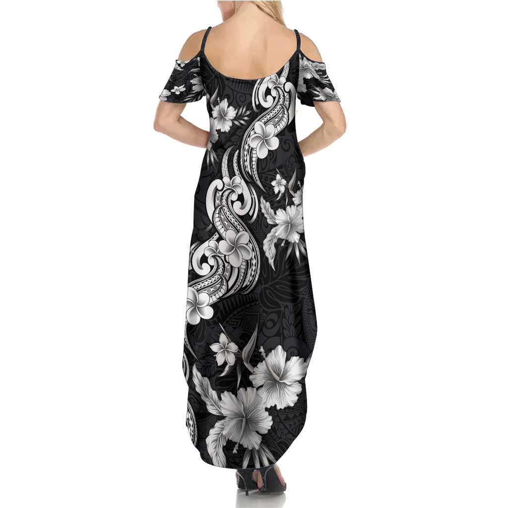 Hawaiian-Polynesian Art Tattoo Family Matching Summer Maxi Dress and Hawaiian Shirt Hibiscus and Plumeria Grayscale LT03 - Polynesian Pride