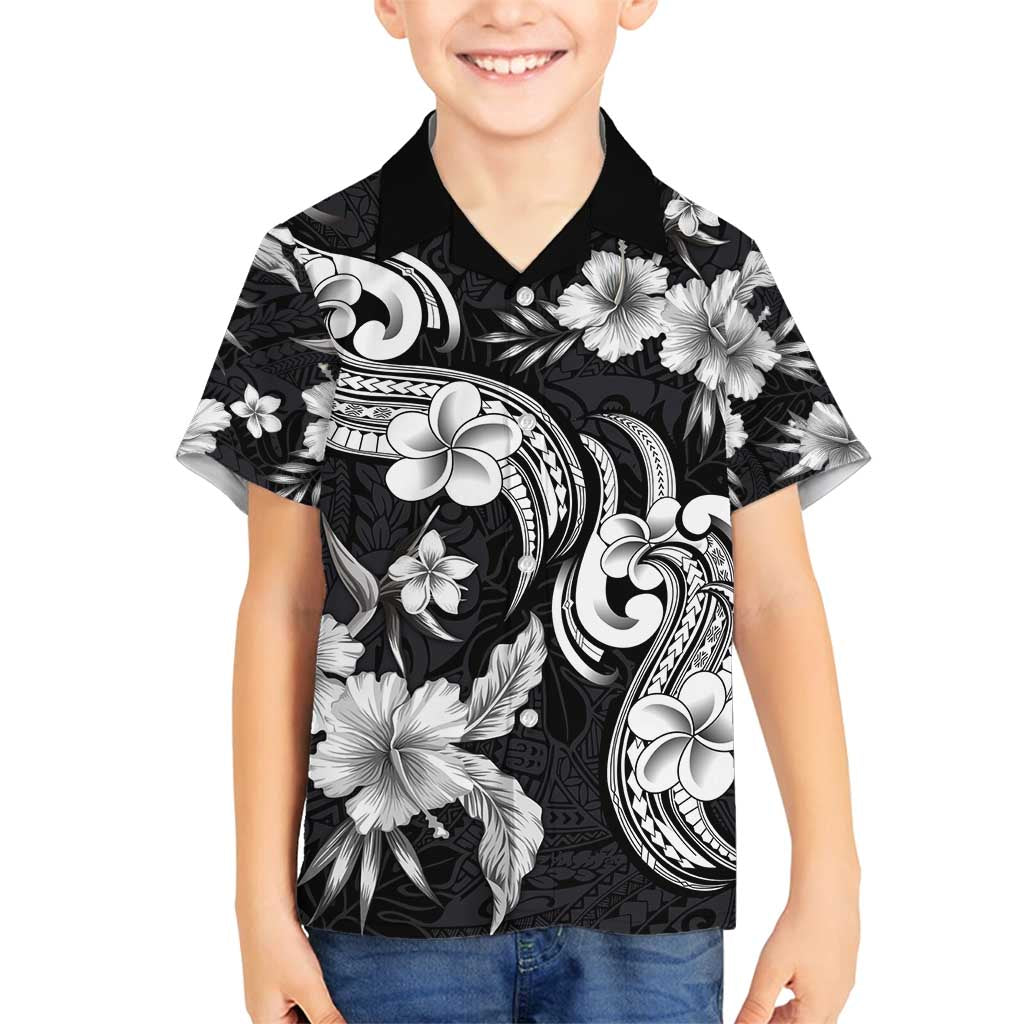 Hawaiian-Polynesian Art Tattoo Family Matching Tank Maxi Dress and Hawaiian Shirt Hibiscus and Plumeria Grayscale LT03 Son's Shirt Black - Polynesian Pride
