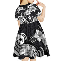 Hawaiian-Polynesian Art Tattoo Kid Short Sleeve Dress Hibiscus and Plumeria Grayscale