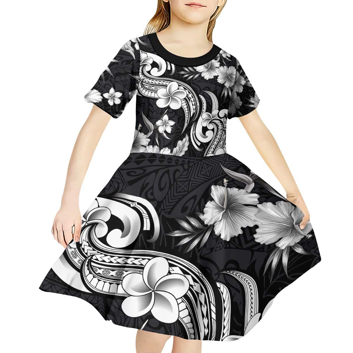 Hawaiian-Polynesian Art Tattoo Kid Short Sleeve Dress Hibiscus and Plumeria Grayscale
