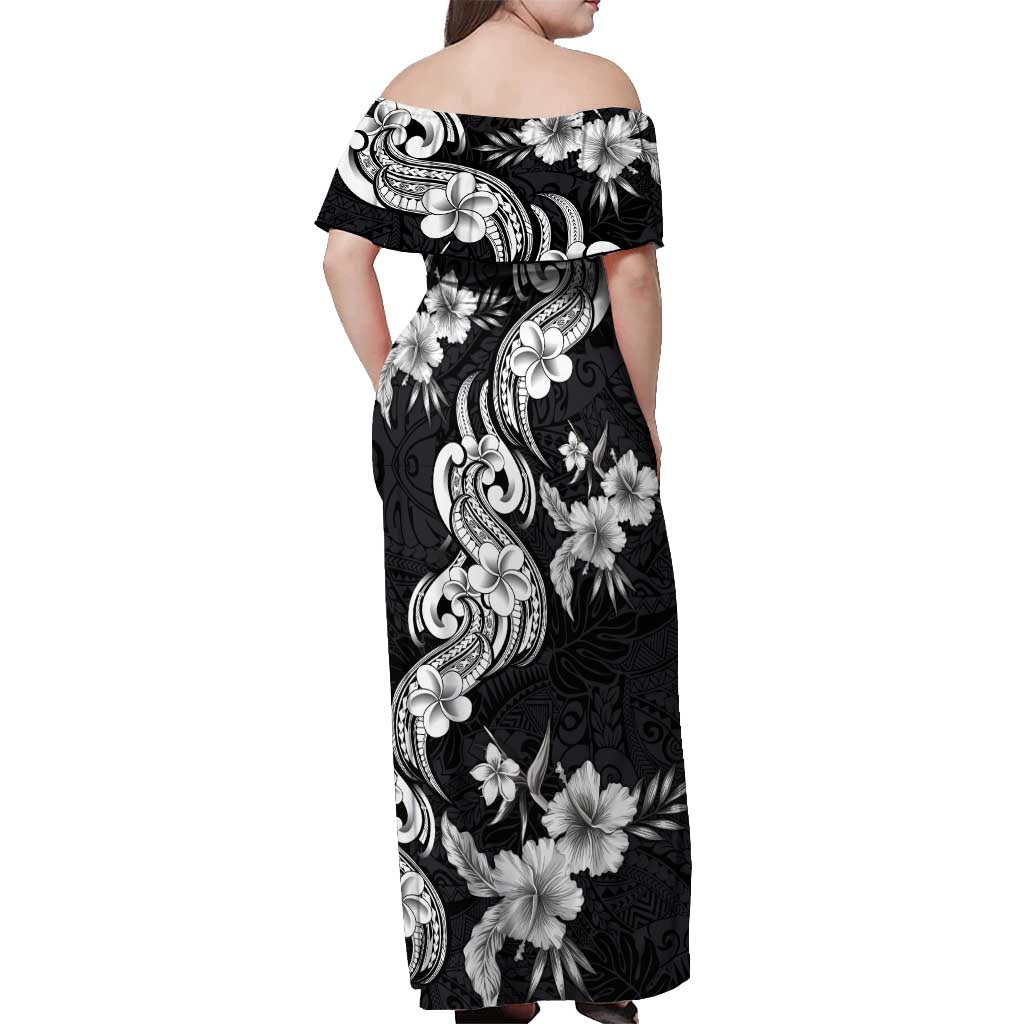 Hawaiian-Polynesian Art Tattoo Off Shoulder Maxi Dress Hibiscus and Plumeria Grayscale
