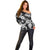 Hawaiian-Polynesian Art Tattoo Off Shoulder Sweater Hibiscus and Plumeria Grayscale