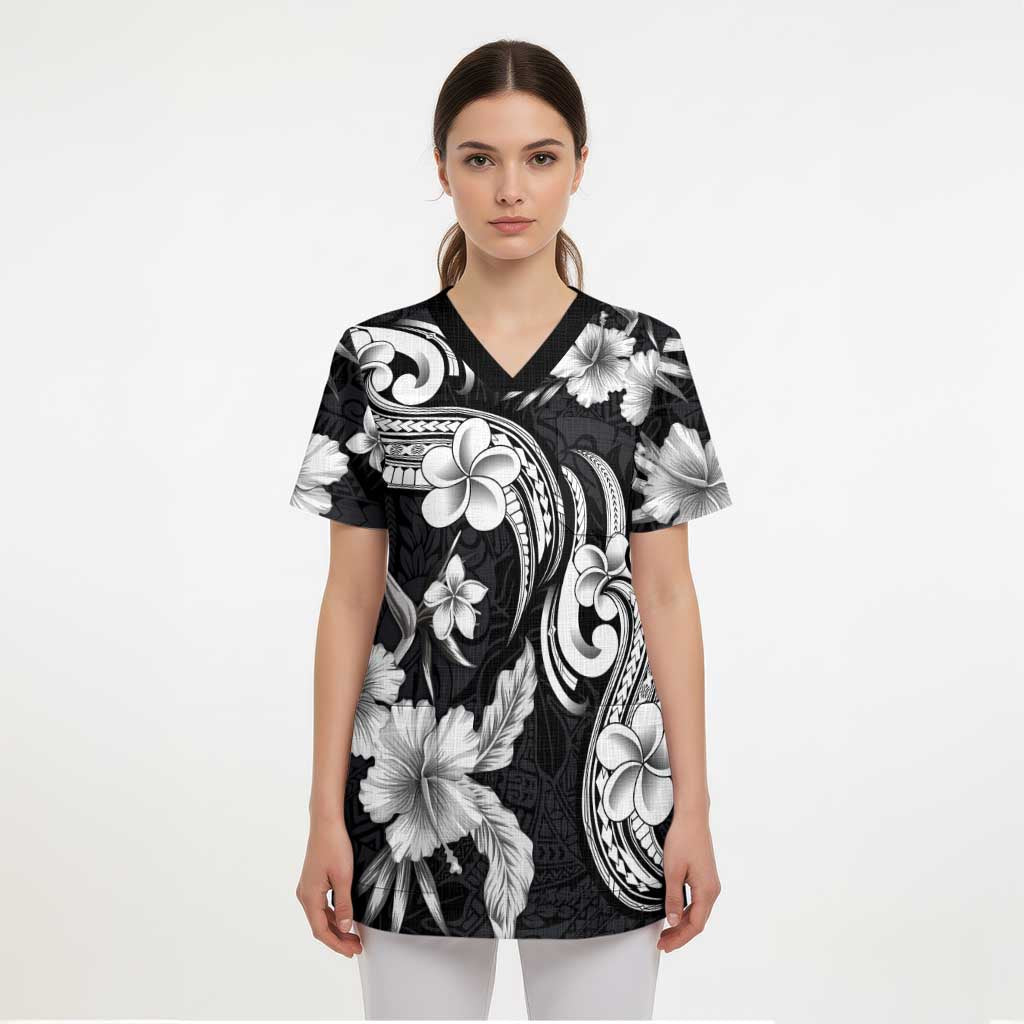 Hawaiian-Polynesian Art Tattoo Scrub Top Hibiscus and Plumeria Grayscale - Polynesian Pride