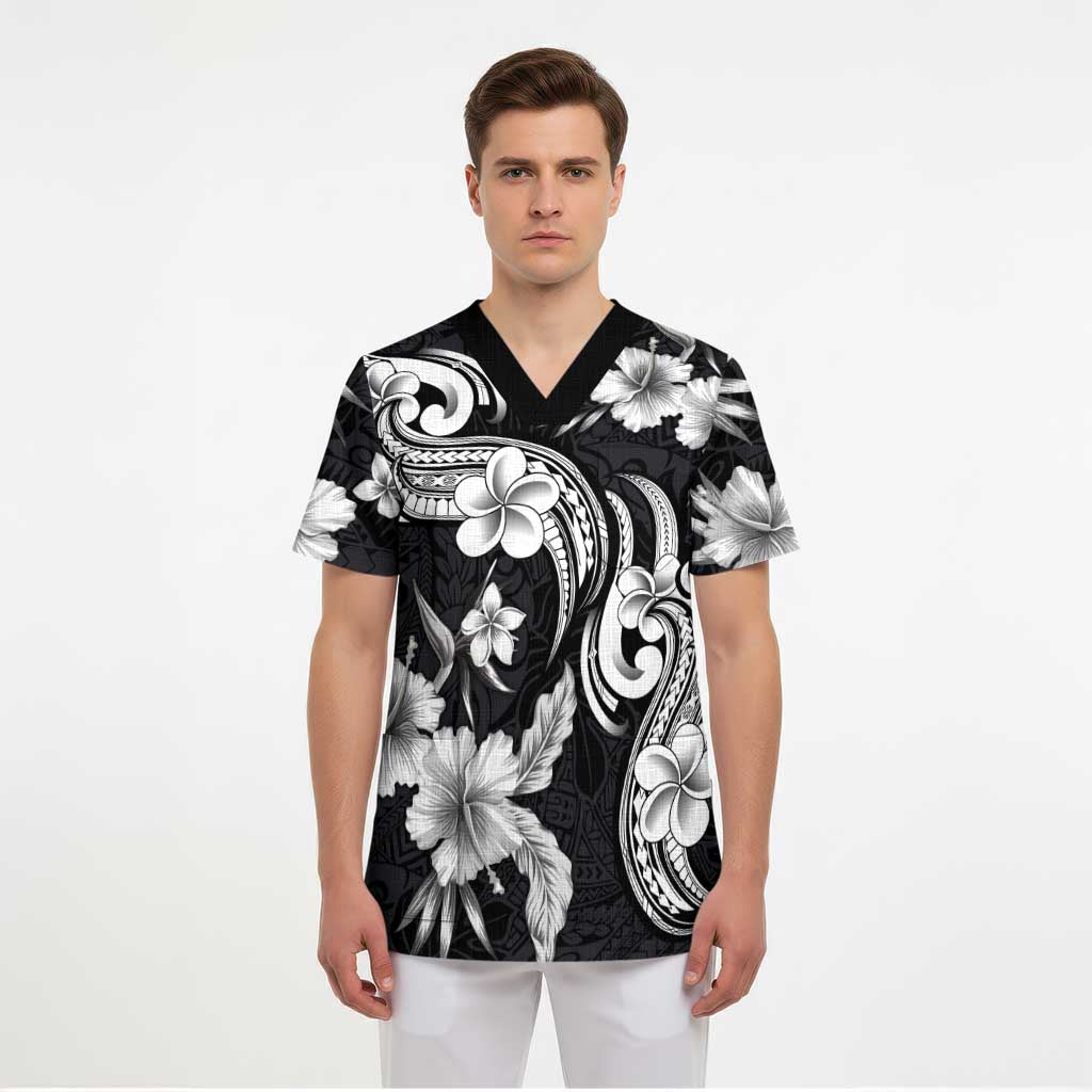 Hawaiian-Polynesian Art Tattoo Scrub Top Hibiscus and Plumeria Grayscale - Polynesian Pride