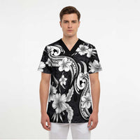 Hawaiian-Polynesian Art Tattoo Scrub Top Hibiscus and Plumeria Grayscale - Polynesian Pride