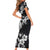 Hawaiian-Polynesian Art Tattoo Short Sleeve Bodycon Dress Hibiscus and Plumeria Grayscale