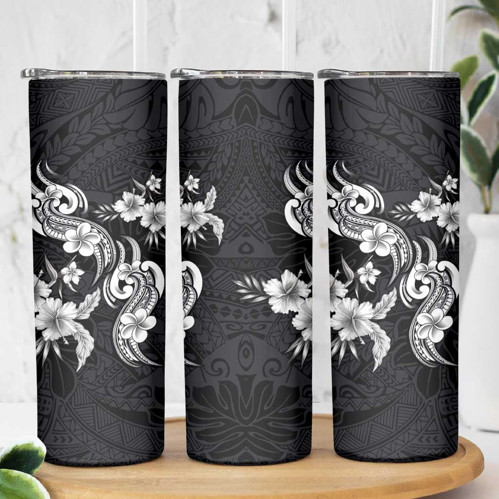 Hawaiian-Polynesian Art Tattoo Skinny Tumbler Hibiscus and Plumeria Grayscale