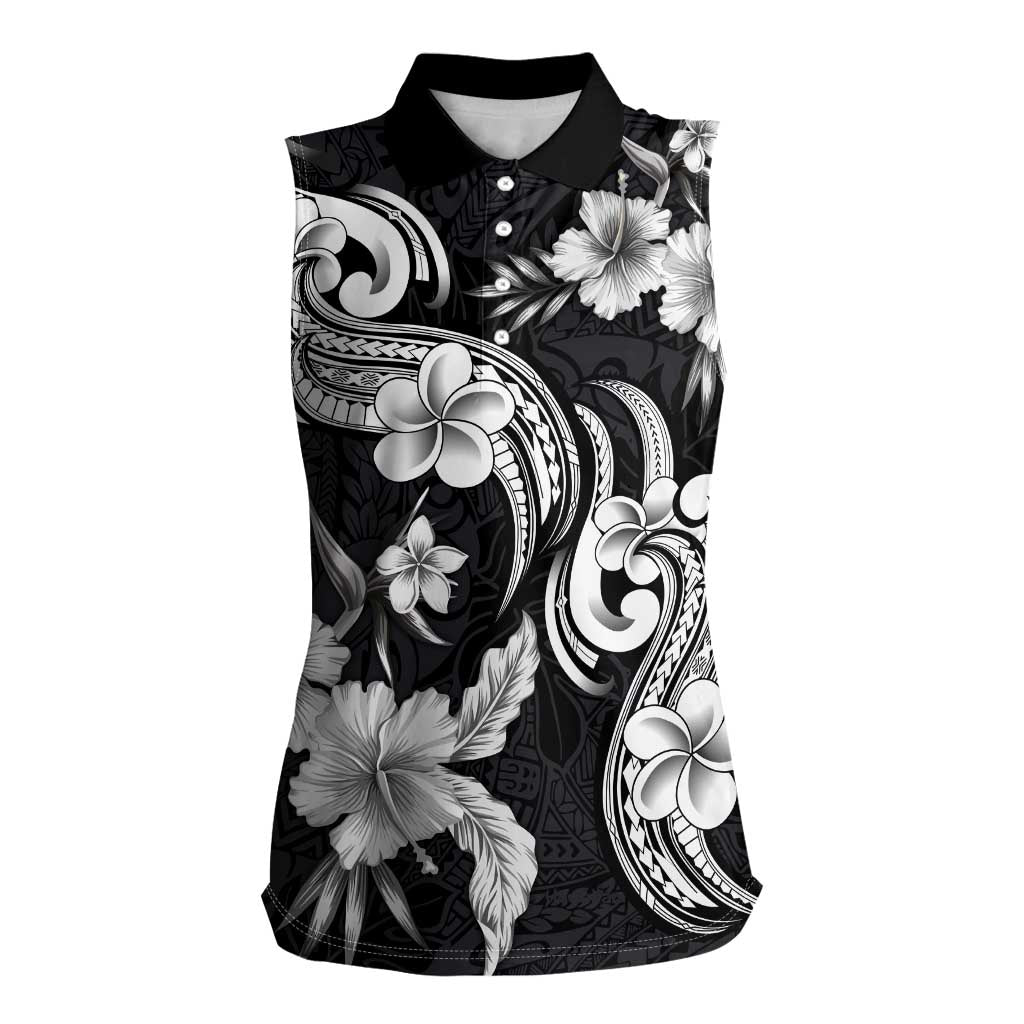 Hawaiian-Polynesian Art Tattoo Women Sleeveless Polo Shirt Hibiscus and Plumeria Grayscale