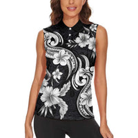 Hawaiian-Polynesian Art Tattoo Women Sleeveless Polo Shirt Hibiscus and Plumeria Grayscale