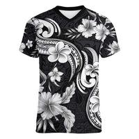 Hawaiian-Polynesian Art Tattoo Women V-Neck T-Shirt Hibiscus and Plumeria Grayscale