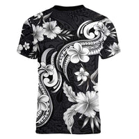 Hawaiian-Polynesian Art Tattoo Women V-Neck T-Shirt Hibiscus and Plumeria Grayscale