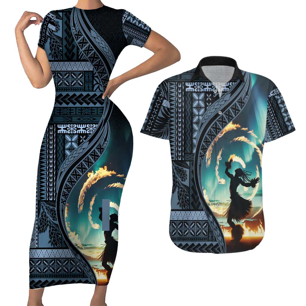 Samoan Siapo Motif and Siva Afi Dance Couples Matching Short Sleeve Bodycon Dress and Hawaiian Shirt LT03 Blue - Polynesian Pride