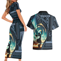 Samoan Siapo Motif and Siva Afi Dance Couples Matching Short Sleeve Bodycon Dress and Hawaiian Shirt LT03 - Polynesian Pride