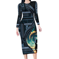 Samoan Siapo Motif and Siva Afi Dance Family Matching Long Sleeve Bodycon Dress and Hawaiian Shirt LT03 Mom's Dress Blue - Polynesian Pride