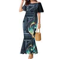 Samoan Siapo Motif and Siva Afi Dance Family Matching Mermaid Dress and Hawaiian Shirt LT03 Mom's Dress Blue - Polynesian Pride