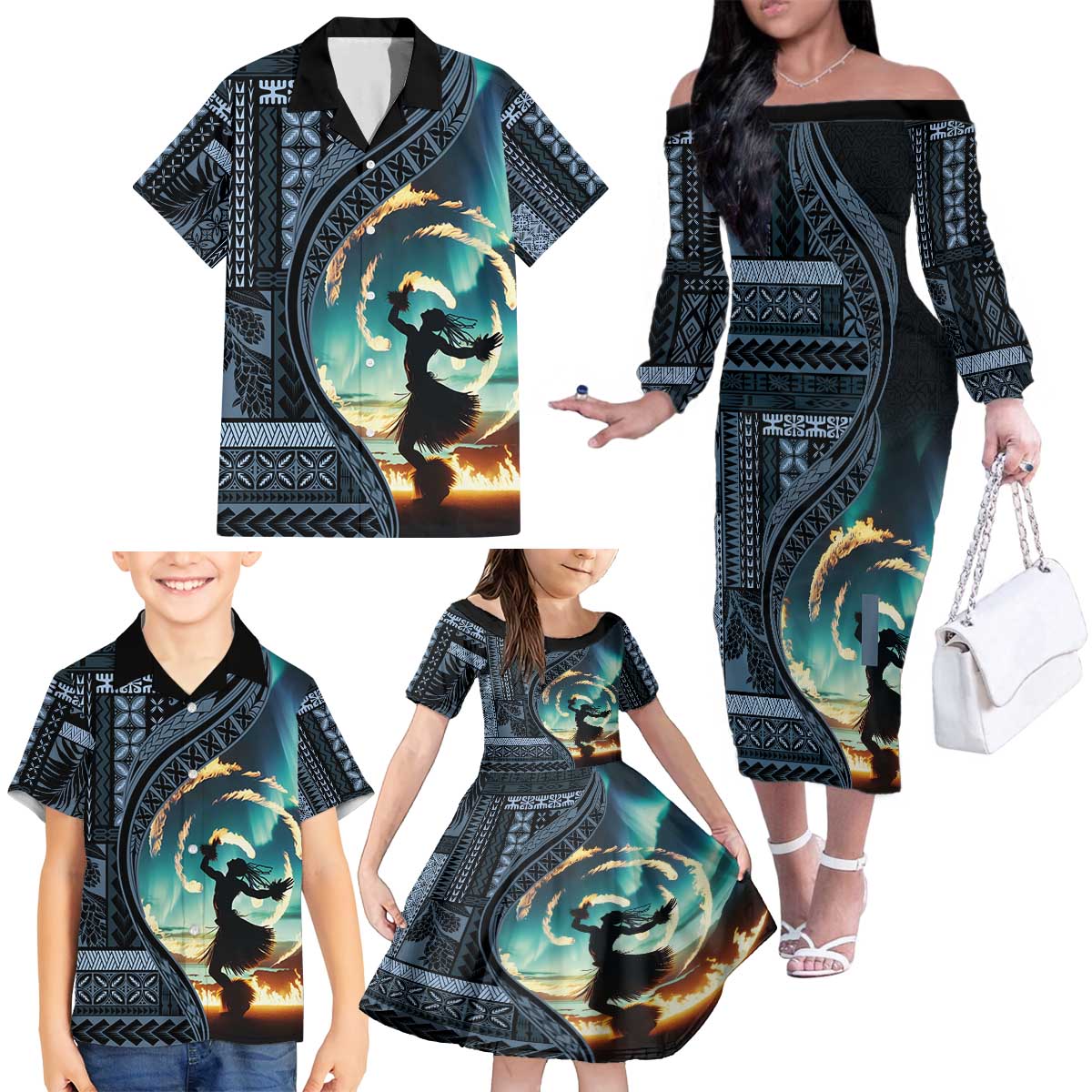 Samoan Siapo Motif and Siva Afi Dance Family Matching Off The Shoulder Long Sleeve Dress and Hawaiian Shirt LT03 - Polynesian Pride