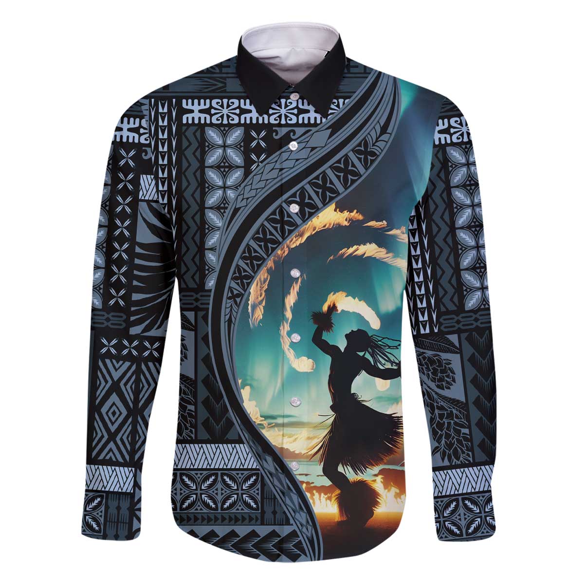Samoan Siapo Motif and Siva Afi Dance Family Matching Off The Shoulder Long Sleeve Dress and Hawaiian Shirt LT03 Dad's Shirt - Long Sleeve Blue - Polynesian Pride
