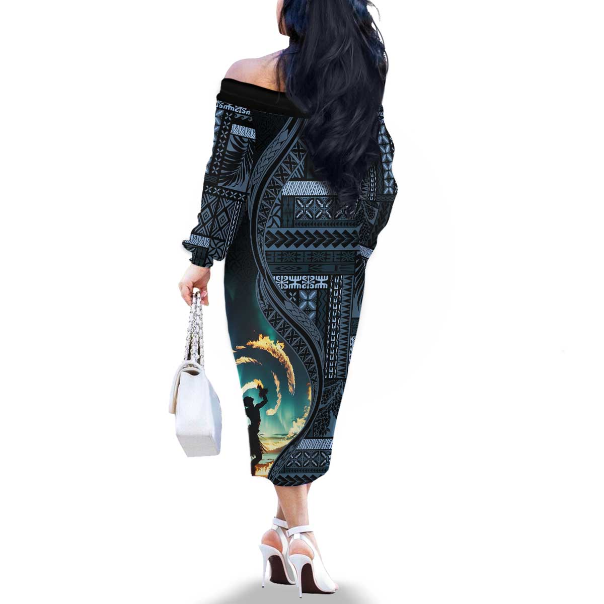 Samoan Siapo Motif and Siva Afi Dance Family Matching Off The Shoulder Long Sleeve Dress and Hawaiian Shirt LT03 - Polynesian Pride
