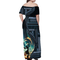 Samoan Siapo Motif and Siva Afi Dance Family Matching Off Shoulder Maxi Dress and Hawaiian Shirt LT03 - Polynesian Pride