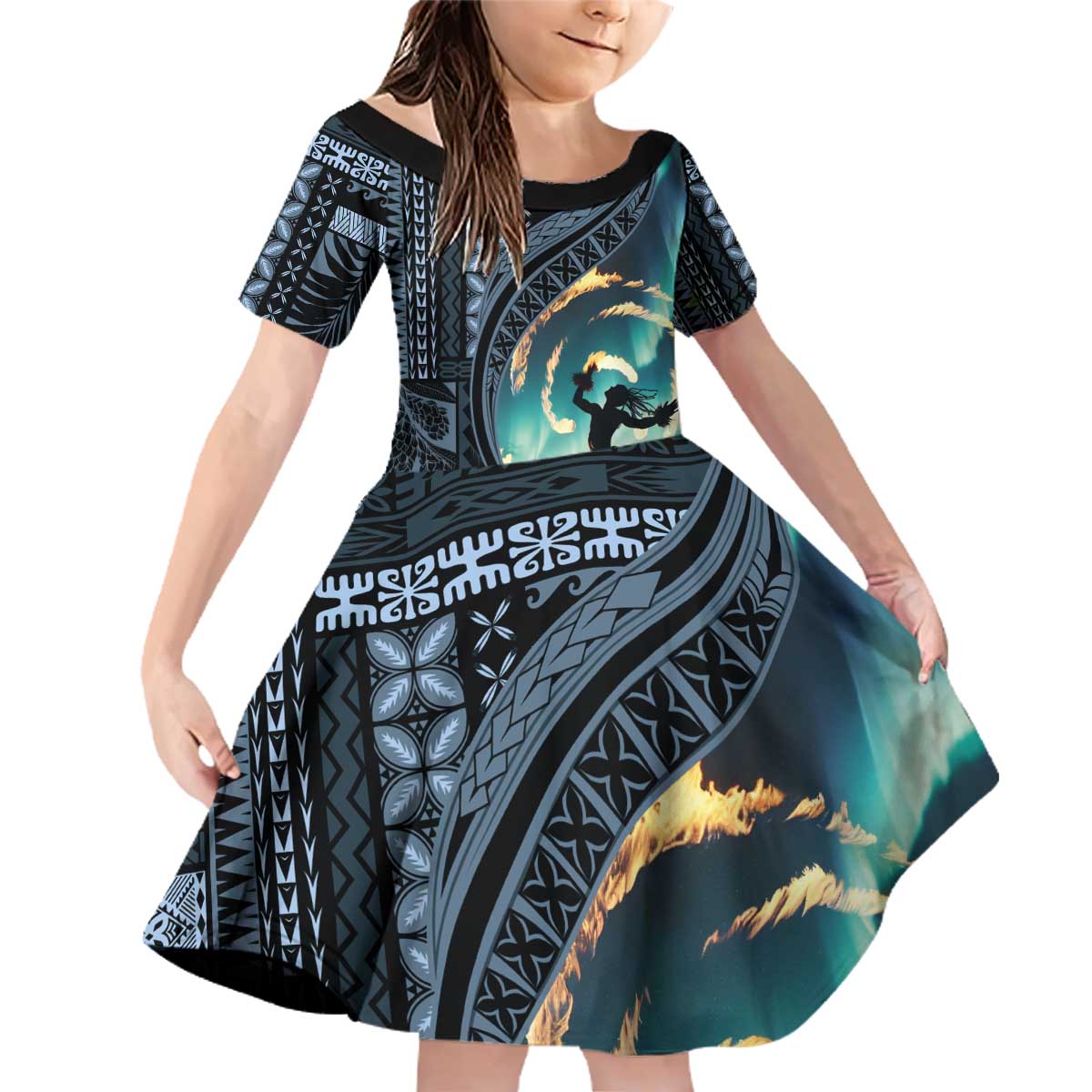 Samoan Siapo Motif and Siva Afi Dance Family Matching Off Shoulder Short Dress and Hawaiian Shirt LT03 Daughter's Dress Blue - Polynesian Pride
