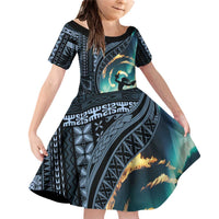 Samoan Siapo Motif and Siva Afi Dance Family Matching Off Shoulder Short Dress and Hawaiian Shirt LT03 Daughter's Dress Blue - Polynesian Pride