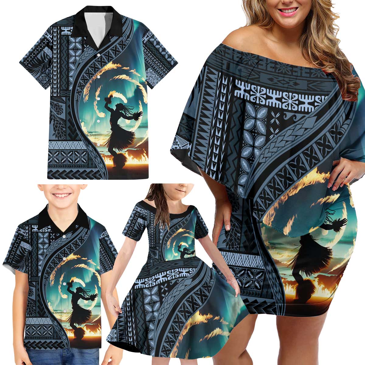 Samoan Siapo Motif and Siva Afi Dance Family Matching Off Shoulder Short Dress and Hawaiian Shirt LT03 - Polynesian Pride