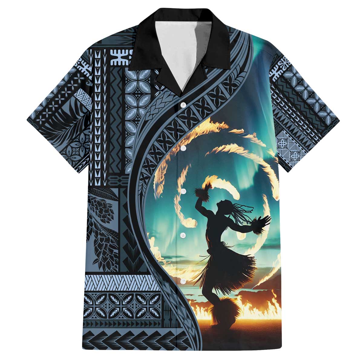 Samoan Siapo Motif and Siva Afi Dance Family Matching Puletasi and Hawaiian Shirt LT03 Dad's Shirt - Short Sleeve Blue - Polynesian Pride