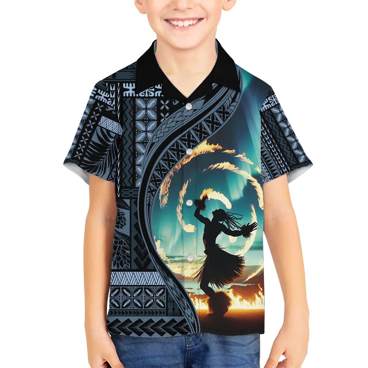 Samoan Siapo Motif and Siva Afi Dance Family Matching Puletasi and Hawaiian Shirt LT03 Son's Shirt Blue - Polynesian Pride